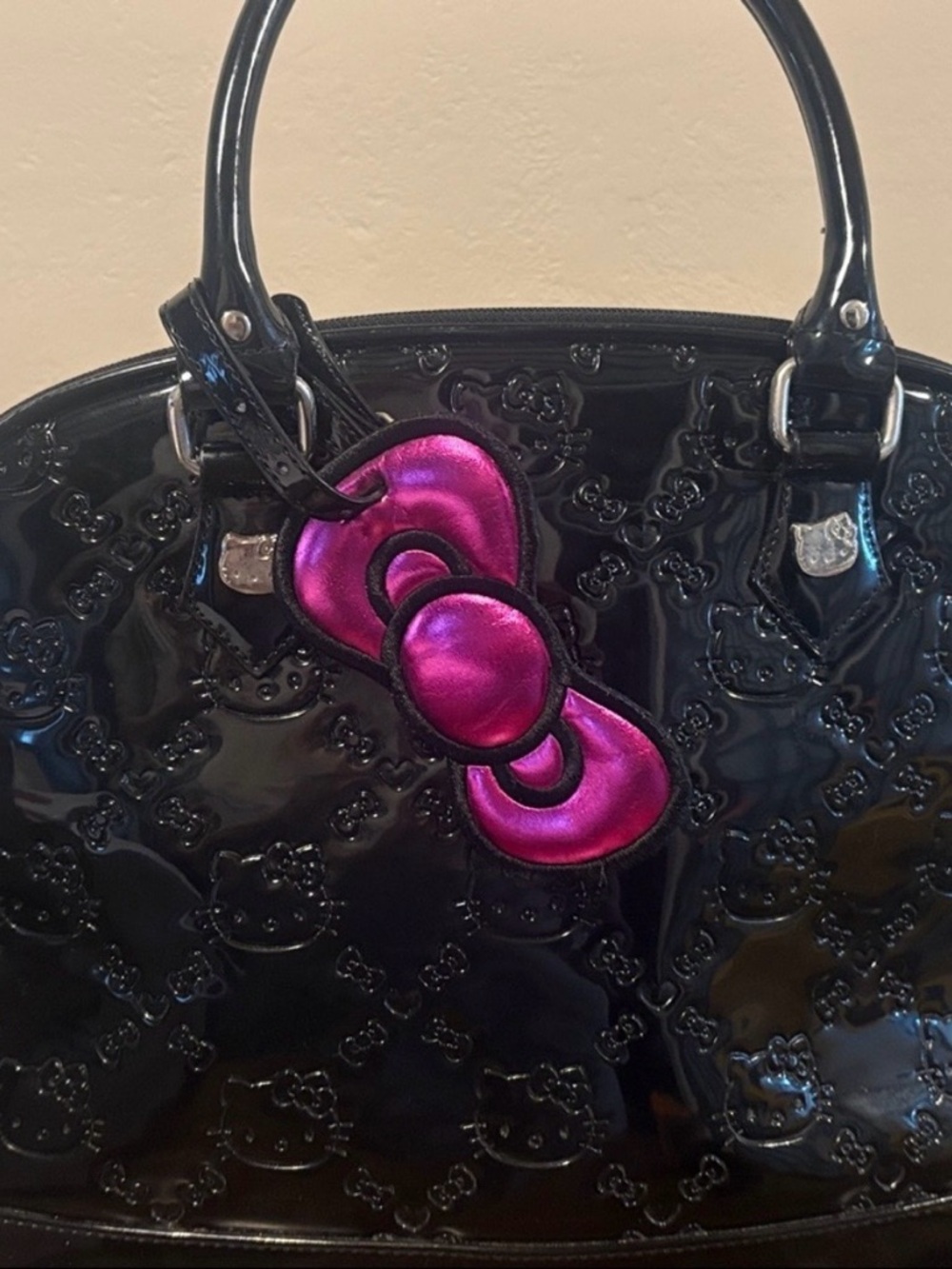 Hello Kitty Loungefly Black Patent Embossed Dome Tote Handbag Large